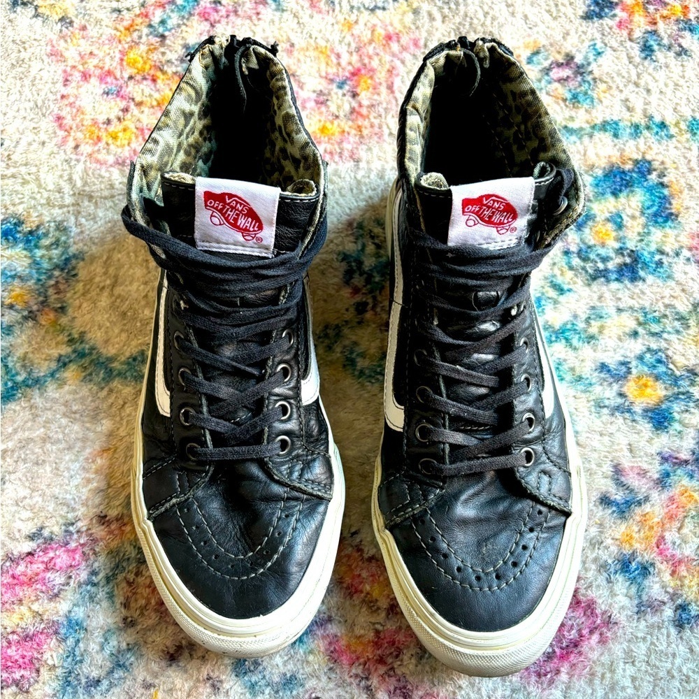 Vans Sk8 Hi Black Leather Leopard Skate Shoes Size M 6 W 7.5